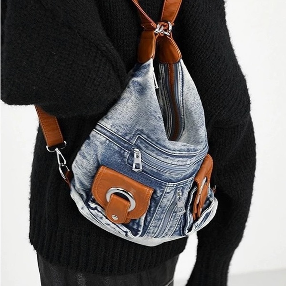 Stylish Denim and Brown Women's Bag - Picture 2 of 4